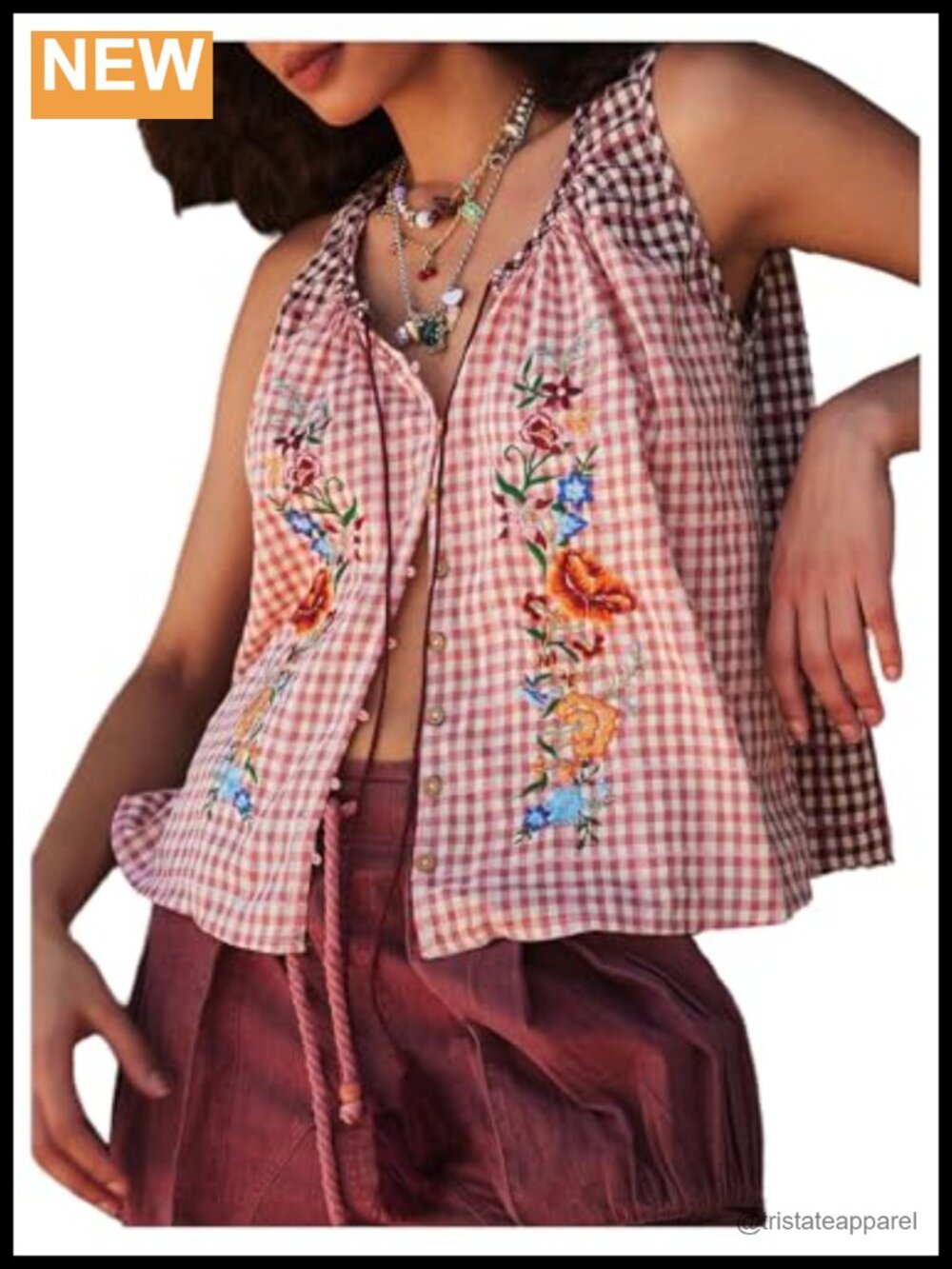 Scoop Neck Boho Floral Embroidered Sleeveless Tank Top Button Up